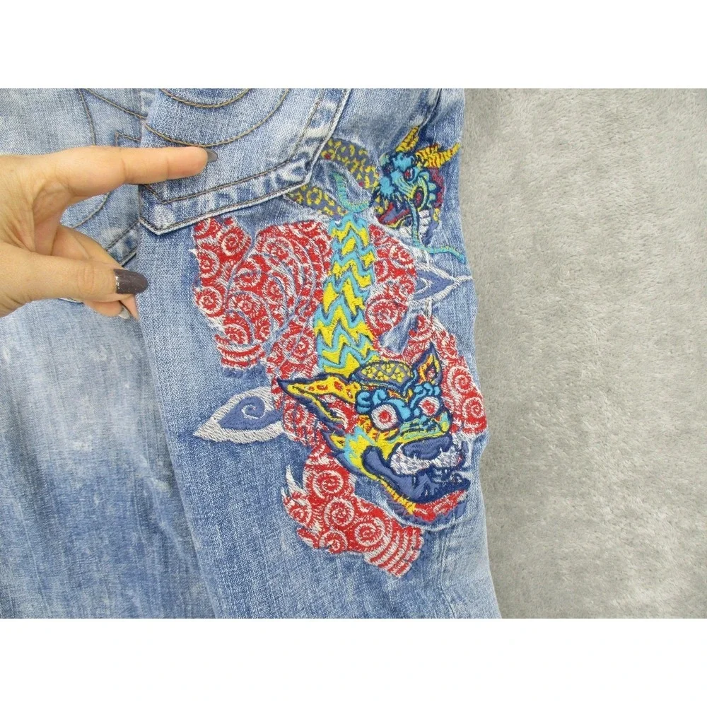 True Religion Jeans Mens 36 Geno Ojai Escape Dragon Embroidered Distressed‎ Blue
